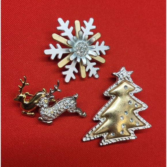 Christmas Pins/ Brooches Set of 3 Silver & Gold Reindeer, Snowflake & Christmas - Picture 2 of 10